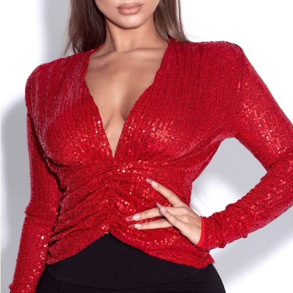 RED SEQUINED LONG SLEEVE TOP - Picture 2 of 6
